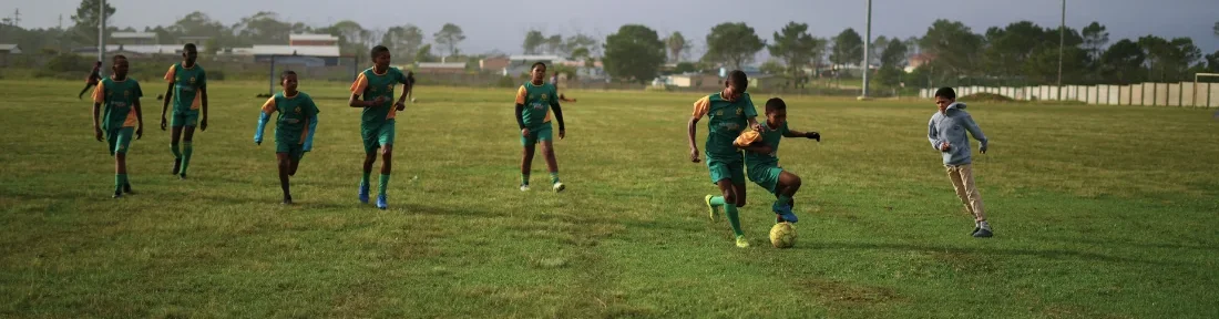 A team in green and gold chasing the ball across the field in evening training
