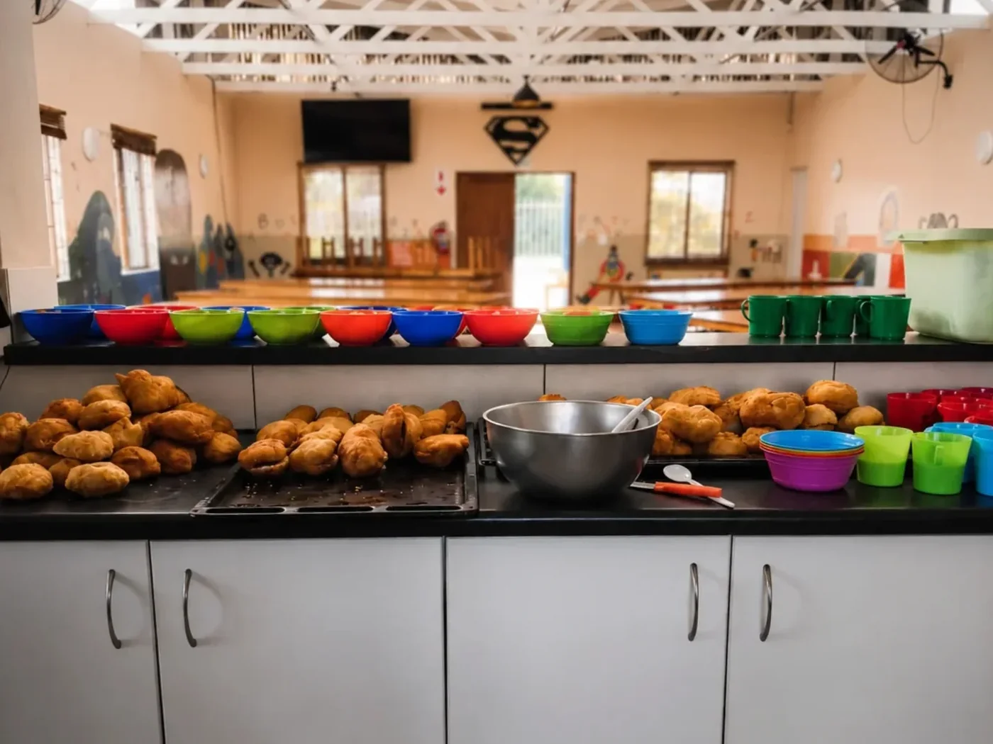 The serving counter laid out with rows of coloured bowls and cups and trays of fresh rolls, the hall and the open door behind it